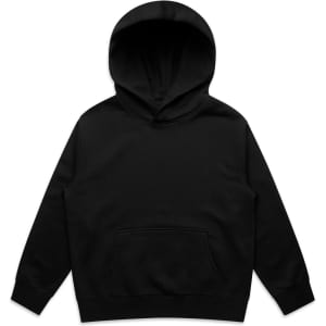 A black youth hoodie featuring a kangaroo pocket and a large hood, with a simple design and no visible branding.