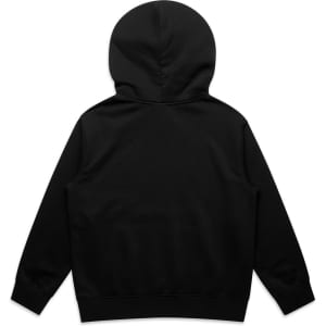 A black youth relax hoodie featuring a hood and long sleeves with a logo.