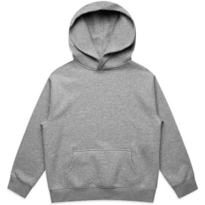 A grey youth hoodie with a kangaroo pocket and a hood, featuring a branding logo.