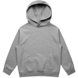 A grey hoodie with a front pocket and a hood, featuring a logo on the front.