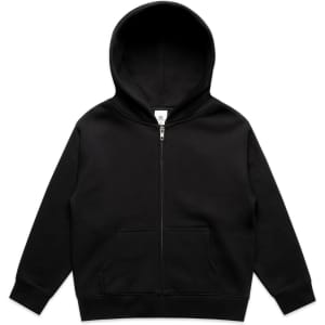 A black zip hoodie for kids with a hood and front pockets, featuring a logo on the label.