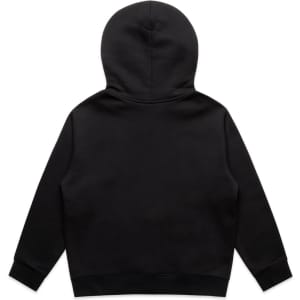 A black hoodie with a zip and a hood. The back features a smooth, seamless design. It has a logo.