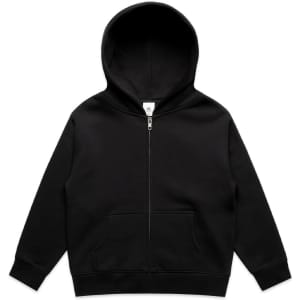 A black zip hoodie for kids featuring a front pocket and a hood, with a branding logo.