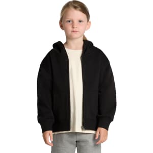 A black zip-up hoodie for kids with a hood, featuring side pockets and a plain design.
