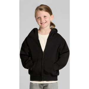 A black zip hooded jumper designed for kids, featuring a relaxed fit and front pockets.