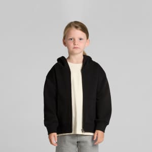 A black zip-up hoodie for kids with a relaxed fit, featuring a large hood and a front zip closure.