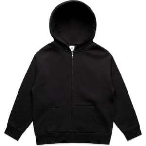 A black zip-up hoodie with a hood and front pockets, featuring a logo on the label.