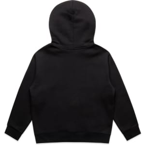A black zip hoodie with a hood and long sleeves, featuring a simple design and a logo.