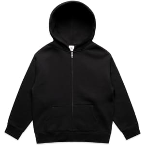 A black zip-up hoodie with a hood and front pockets, featuring a logo on the label.