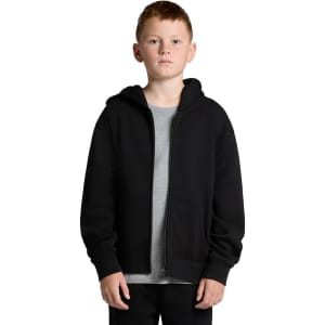 A black zip-up hoodie worn by a young person, featuring a front pocket and a hood. It has a logo on the chest.