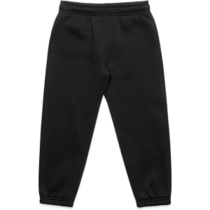 Black track pants featuring an elastic waistband and tapered cuffs, designed for kids' comfort.