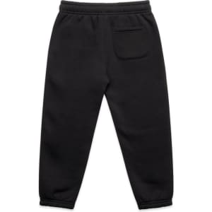 Black kids' track pants featuring an elastic waistband and a single rear pocket. Includes a logo.