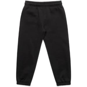 Black track pants for kids with an elasticised waistband and ribbed cuffs. Features a logo on the waistband.