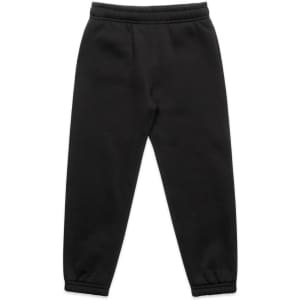 Black youth track pants with an elastic waistband and cuffs, featuring a simple design and a logo.
