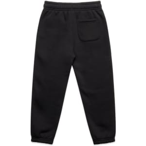 Black youth track pants featuring an elastic waistband and a back pocket. The design includes a logo.