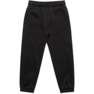 Black track pants with an elasticated waistband and tapered cuffs, featuring a logo.