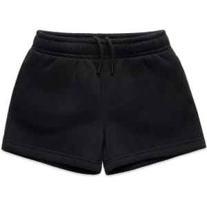 Black track shorts featuring an elastic waistband and drawstring, designed for kids. The shorts have a simple, solid colour style.