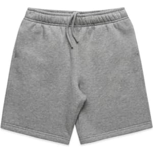 Grey track shorts with an elastic waistband and drawstring, featuring a logo.