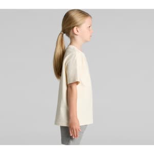 A kids' classic tee in a light beige colour, shown from the side, with short sleeves and a straight cut.