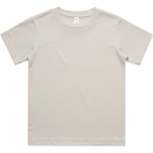 A beige kids' classic t-shirt featuring a crew neck design and short sleeves. It includes a branding logo.
