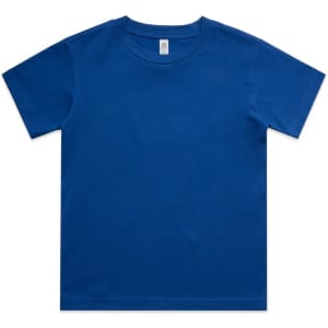 A blue classic kids' t-shirt with short sleeves and a plain design, featuring a logo tag.