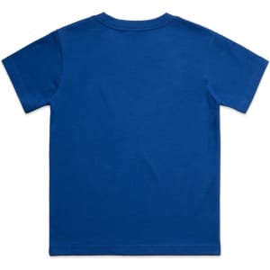 A blue classic kids' tee featuring a plain back design and short sleeves. It has a logo at the neck.