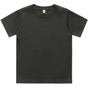 A dark grey kids' classic tee, featuring a simple crew neck and short sleeves. The shirt has a brand logo tag.