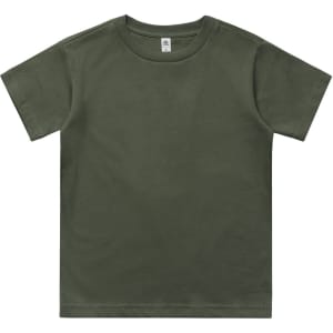 A kids' classic tee in olive green, featuring a simple design and a logo at the neckline area.