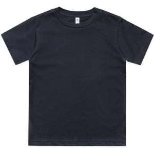 A black short-sleeved children's t-shirt with a tag and no visible logos.