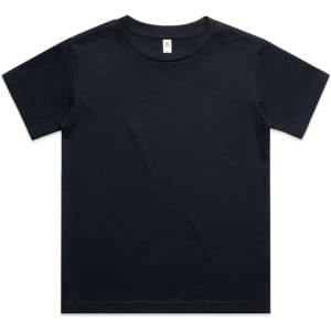 A black kids' classic tee featuring short sleeves and a crew neckline. The shirt has a logo on the label.