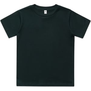 A dark green classic kids' T-shirt with a round neckline and short sleeves. It features a branding logo.