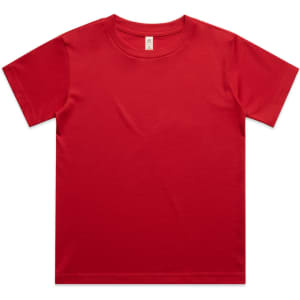A red classic t-shirt featuring a round neck and short sleeves. The shirt has a logo on the label.