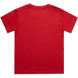 A red classic tee with short sleeves and a plain back. The shirt features a logo on the back.