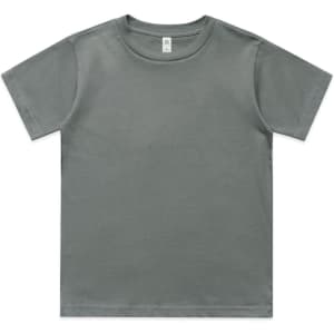 A grey kids' classic T-shirt featuring a round neckline and short sleeves, with a label inside the collar.