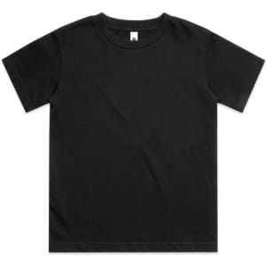 A black youth classic tee shirt featuring short sleeves and a round neckline. It has a small logo on the label.