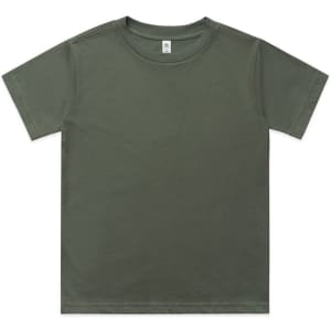 An olive green youth classic tee featuring a simple design and a logo.
