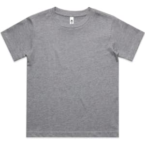 A grey youth classic tee with a simple design and short sleeves. The shirt features a logo on the label.