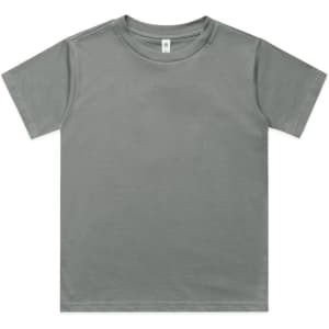 A plain grey youth classic tee with short sleeves and a tag inside. The shirt has a logo on the label.