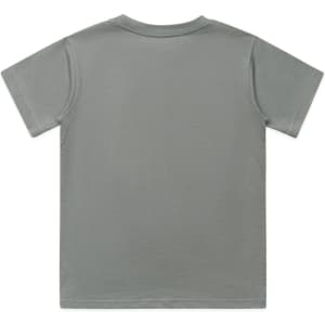 A back view of a grey youth classic tee, featuring short sleeves and a plain design. The shirt has a logo.