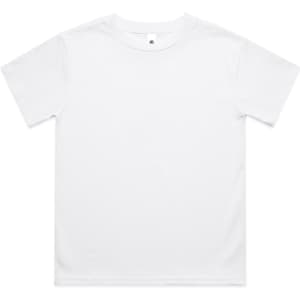 A white Youth Classic Tee with a crew neckline, featuring a logo on the inside label.