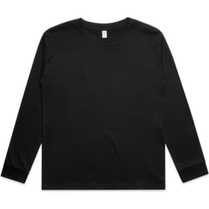 A black long-sleeve t-shirt featuring a simple design and fitted sleeves. It has a logo on the label.