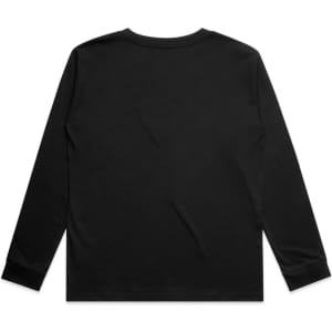 A black long-sleeve t-shirt featuring a simple design and a logo on the back.