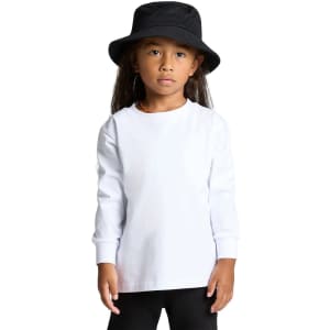 A child wearing a long-sleeve white tee and a black bucket hat, paired with black leggings.