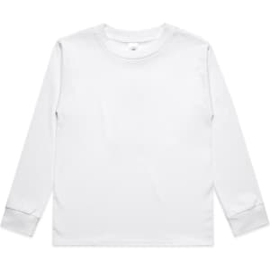 A long-sleeve white T-shirt features a crew neck and ribbed cuffs, with a simple design and branding.