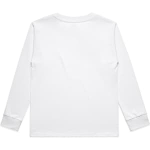 A long-sleeved white kids' T-shirt featuring a plain back and cuffs. It has a logo on the label.