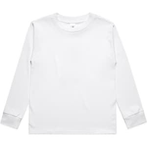 A white long-sleeve t-shirt for kids featuring a simple design and a logo on the front.