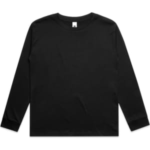 A long-sleeve t-shirt in black, featuring a simple design and a logo on the label. Classic youth style.