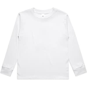 A long-sleeve white T-shirt with a simple design and a logo on the front.