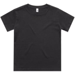 A dark grey children's t-shirt with a round neckline and short sleeves. It features a logo on the neckline.