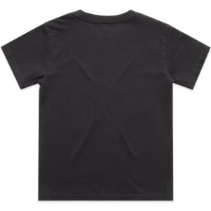 A faded black kids' t-shirt with a classic short sleeve design and a simple logo on the front.
